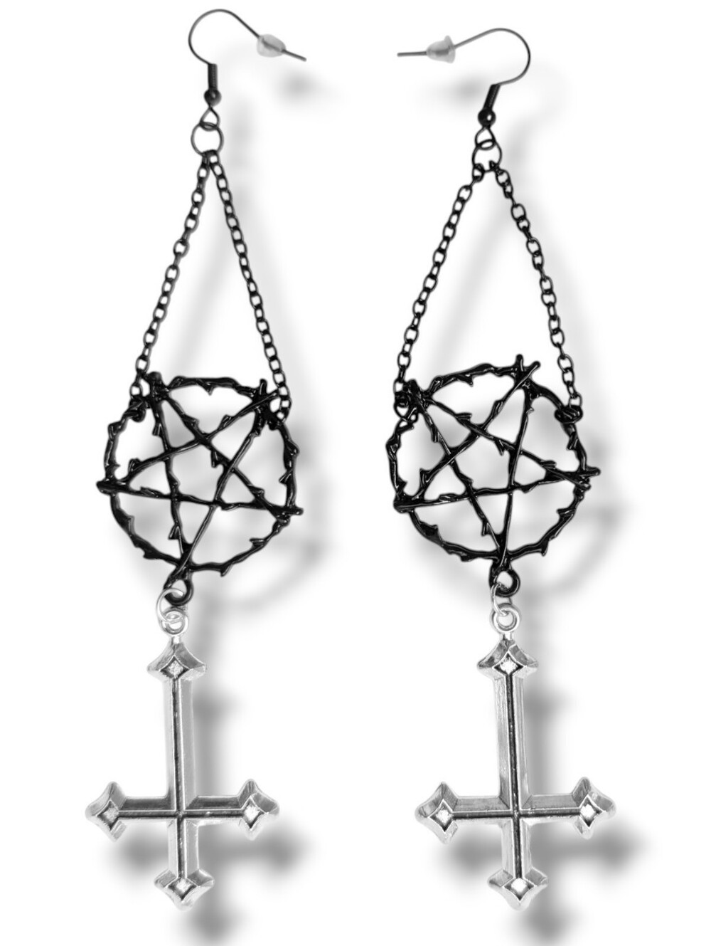 NWT Handmade Black Pentagram Inverted Cross Dangly Earrings